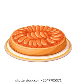 Tarte Tatin, desenho animado francês maçã tart receita. Bolo assado de cabeça para baixo com fatias de frutas caramelizadas. Cozinha da França, mascote de sobremesa, torta de maçã rústica de desenho animado com ilustração de vetor de caramelo