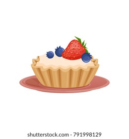 Tartelette with vanilla cream, decorated with fresh strawberry and blueberry. Sweet and tasty dessert. Flat vector design for pastry shop, recipe book or menu