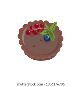 
Tartlet with chocolate cream, red currants and blueberries. To decorate the menu of a restaurant or cafe. Isolated dessert element on white background. Vector
