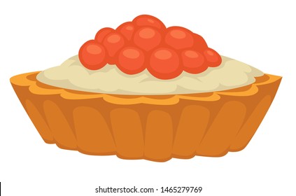Tartlet with creamy mousse and caviar buttercream vector isolated snack with berries cranberry sweet dessert with cottage, cheese ripe fruit on top flat style cake or tart food dishes appetizer