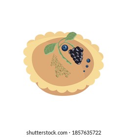 Tartlet with fruit cream and blackberries. To decorate the menu of a restaurant or cafe. Isolated dessert element on white background. Vector