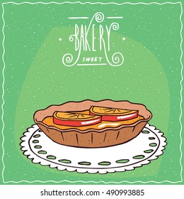 Tartlet with orange or lemon slices, lie on lacy napkin. Green background and ornate lettering bakery. Handmade cartoon style. Vector illustration