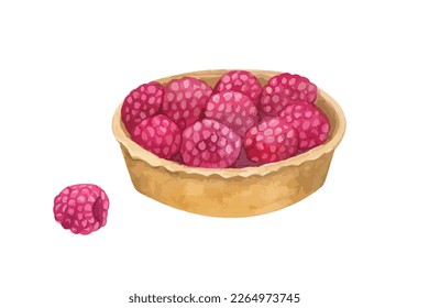 Tartlet with raspberries. Vector hand drawn watercolor food pastry illustration for menu, cafe. Isolated on white background.