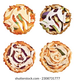 Tartlets Pie with delicious meat filling and grilled vegetables: zucchini, eggplant, tomatoes in an isolated white background 3D vector graphic

