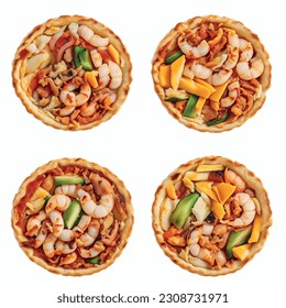 Tartlets Pie with delicious meat filling and grilled vegetables: ocula, squid, octopus and shrimp in an isolated white background 3D vector graphic


