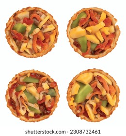 Tartlets Pie with delicious meat filling and grilled vegetables: grilled octopus tentacles with sun-dried tomatoes in an isolated white background 3D vector graphic

