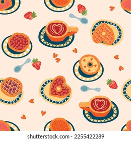 Tarts on plates, strawberries, hearts and a cup of coffee.Sweet desserts and drink.Cartoon seamless pattern on pink background.Colorful print on fabric and paper.Vector hand drawn illustration.