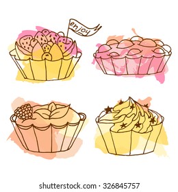 Tarts vector illustration. Doodle cakes with splash background. Outline desserts set.