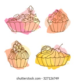 Tarts vector illustration. Doodle cakes with splash background. Outline desserts set with fruits. 