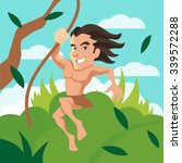 Tarzan swinging on a vine. Vector cartoon illustration