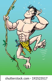 Tarzan Swinging On A Vine Vector Illustration