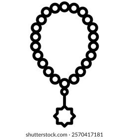 A tasbih (prayer beads), a loop of beads with a star-shaped pendant, outline icon illustration. Perfect for use in religious, spiritual, and cultural designs or as a symbol in Islamic contexts