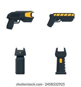 Taser iconos conjunto de dibujos animados Vector. Varias armas de electroshock para defensa propia. Seguridad personal