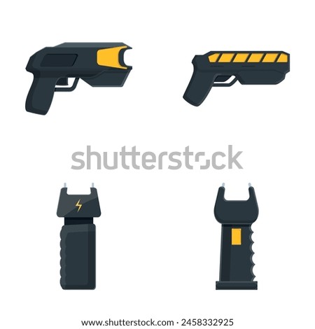 Taser icons set cartoon vector. Various electroshock weapon for self defense. Personal safety