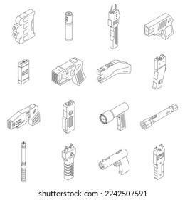 Juego de iconos de trazador. Conjunto isométrico de iconos vectoriales de taser para el diseño web aislado en el contorno de fondo blanco