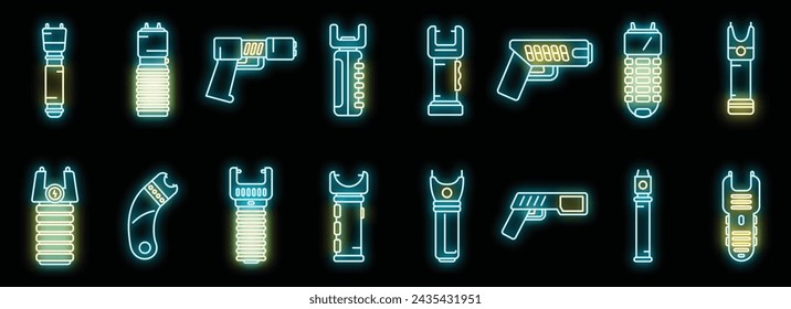 Taser icons set outline vector. Police gun. Safety stun electroshock neon isolated