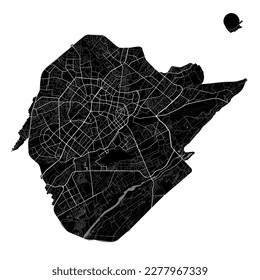 Mapa de Taskent. Mapa vectorial detallado del área administrativa de la ciudad de Taskent. Vista de la aria metropolitana de Cityscape poster. Tierra negra con caminos blancos y avenidas. Fondo blanco.