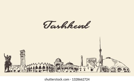 Tashkent skyline, Uzbekistan, hand drawn vector illustration, sketch