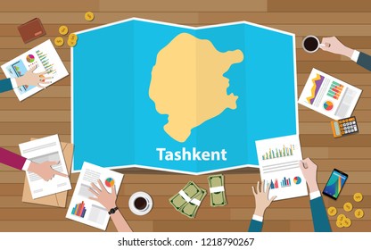 tashkent uzbekistan city region economy growth with team discuss on fold maps view from top vector illustration
