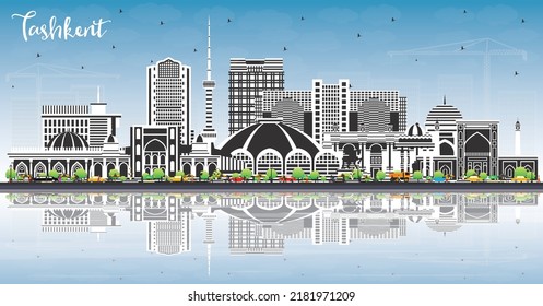 Tashkent Uzbekistan City Skyline With Color Buildings, Blue Sky And Reflections. Vector Illustration. Tashkent Cityscape With Landmarks. Travel And Tourism Concept With Historic Architecture.