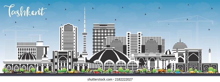 Tashkent Uzbekistan City Skyline With Color Buildings And Blue Sky. Vector Illustration. Tashkent Cityscape With Landmarks. Business Travel And Tourism Concept With Historic Architecture.