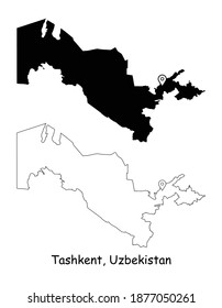 Tashkent, Uzbekistan. Detailed Country Map with Location Pin on Capital City. Black silhouette and outline maps isolated on white background. EPS Vector