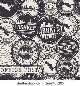 Tashkent, Uzbekistan Stamps Background. A City Stamp Vector Art. Set of Postal Passport Travel. Design Set Pattern.