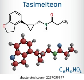 Tasimelteon molecule. It is sleep disorder medication. Structural chemical formula and molecule model. Vector illustration