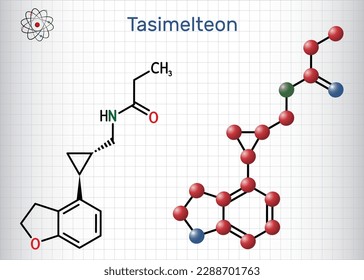 Tasimelteon molecule. It is sleep disorder medication. Structural chemical formula and molecule model. Sheet of paper in a cage. Vector illustration