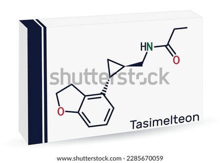Tasimelteon molecule. It is sleep disorder medication. Skeletal chemical formula. Paper packaging for drugs. Vector illustration