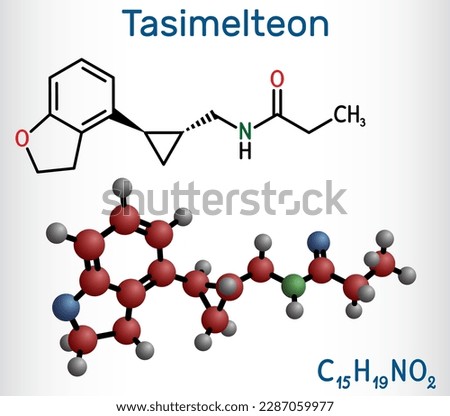 Tasimelteon molecule. It is sleep disorder medication. Structural chemical formula and molecule model. Vector illustration