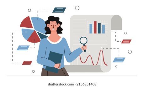 Task Analysis Concept. Girl With Magnifying Glass Looks At Graphs And Charts. Work With Statistics And Electronic Archive, Digital World And Market Research. Cartoon Flat Vector Illustration