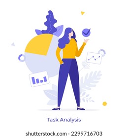 Task Analysis flat concept vector illustration. Employee checking results of work. Diagram and reports isolated cartoon character for web design. Creative idea for website, mobile and presentation