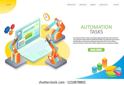 Task automation landing page website template. Vector isometric illustration of laptop and robot arms, gears, clock around it. Workflow automation concept.