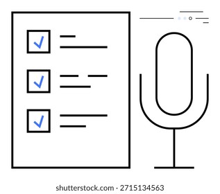 Automatización de tareas, comandos de voz, herramientas de productividad, organización, asistencia móvil, tecnología de IA. Lista de verificación con marcas de verificación azules y un icono de micrófono. Concepto de automatización de tareas y comandos de voz
