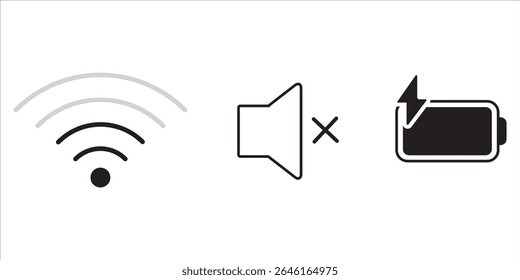 Conjunto de ícones da barra de tarefas. Conjunto de ícones com contorno de Wi-Fi, mudo e carregamento de bateria. Barra de tarefas do computador