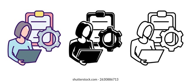 Task Based Work icon represented by worker, task paper, gear Line, Filled, Color style.
