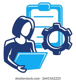 Task Based Work icon represented by worker, task paper, gear Dualtone style.