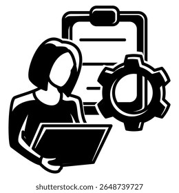 Ícone de Trabalho Baseado em Tarefa representado pelo trabalhador, papel da tarefa, estilo de engrenagem Preenchido com Preto.