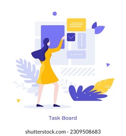 Task Board flat concept vector illustration. Agile work methodology. Employee marking work completion cartoon character on white background for web design. Creative idea for website and presentation