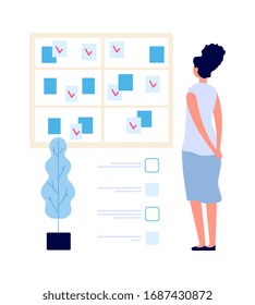 Task board. Manager woman looking at planning. Time management, multitask and organization work process. Business assistant vector illustration