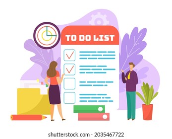 Task at business checklist concept, vector illustration. Flat man woman character stand near to do list document, mark completed work.