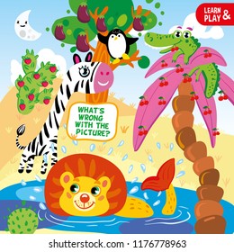 Task of care and association for children. Take a good look at picture and name all inconsistencies with reality. Play and learn at same time. Logic game for kids. Vector isolated. Hand draw picture.