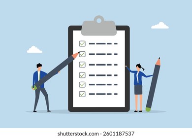 Task checklist, business individuals with a clipboard and checklist pencil. 