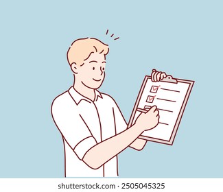 Task checklist, clipboard with to do list checkmark, task management to track work completion, business man with pencil and checklist clipboard.Hand drawn style vector design illustrations.