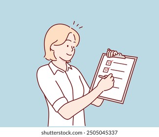 Task checklist, clipboard with to do list checkmark, task management to track work completion, business woman with pencil and checklist clipboard. Hand drawn style vector design illustrations.