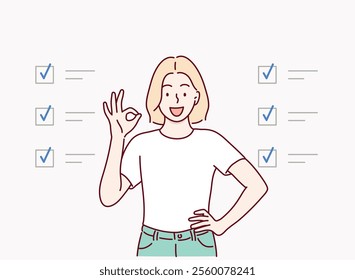 Task checklist, clipboard with to do list checkmark, task management to track work completion. Hand drawn style vector design illustrations.