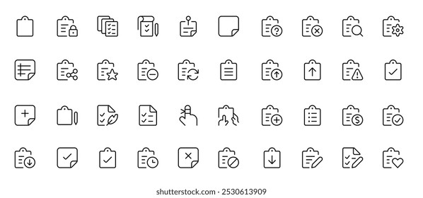 Task Checklist icon on the clipboard, compliance tick check sign on it. Clip board outline vector with paper test document or to do plan with tasks. Checkbox form, survey checklist for web, UI UX