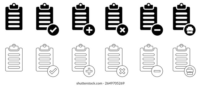 Conjunto de iconos de tareas y listas de comprobación: Portapapeles, lista de tareas pendientes, recordatorio, notas y símbolos de Vector de gestión de proyectos.