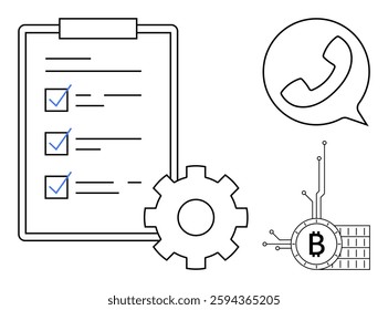 A task checklist next to a gear, a phone in a speech bubble, and a Bitcoin symbol with circuit lines. Ideal for business, technology, communication, financial planning, blockchain themes. Minimalist